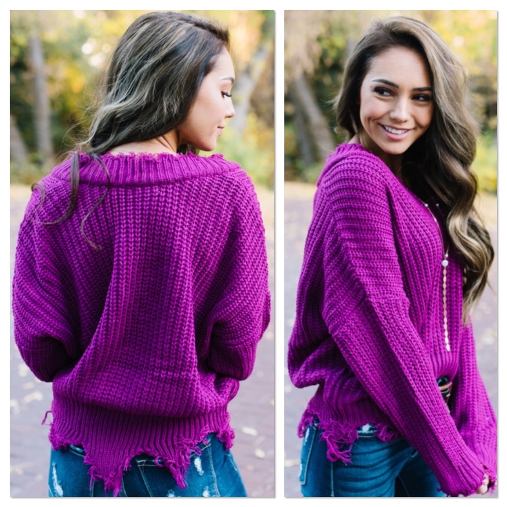 Magenta Frayed V-Neck Distressed Sweater - Picture 4 of 7